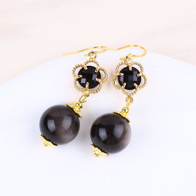 Boucles d'oreilles en pierre de cristal faites à la main argent brillant obsidienne pierre précieuse perlé pendentif boucles d'oreilles de pierre de cristal guérisseur boucles d'oreilles