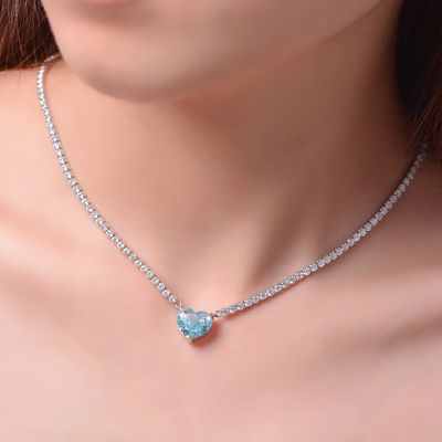 Élégance en forme de cœur Aqua bleu 925 Sterling Silver Heart Collier de pierre précieuse