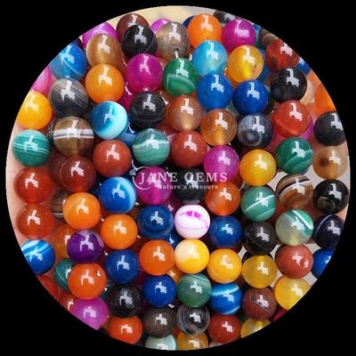 Perles de pierre précieuse à coupe ronde multicolore Agate à rayures bleu jaune pour la fabrication de bijoux et les bracelets de guérison